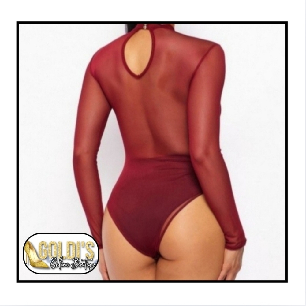 💗Mock Neck Mesh Bodysuit (burgundy)